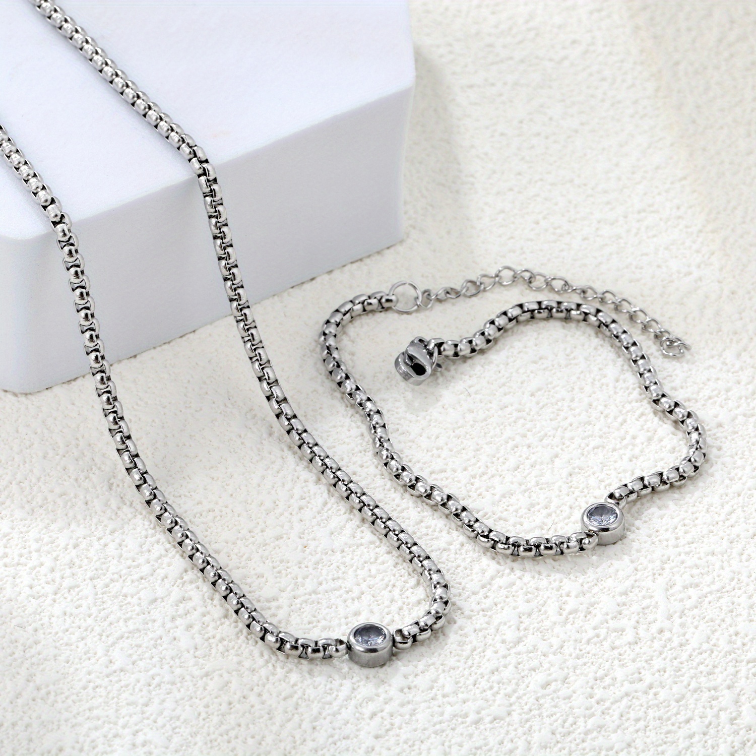 2pcs 316 Stainless Steel Square Necklace and Bracelet Set with Pendant Chain